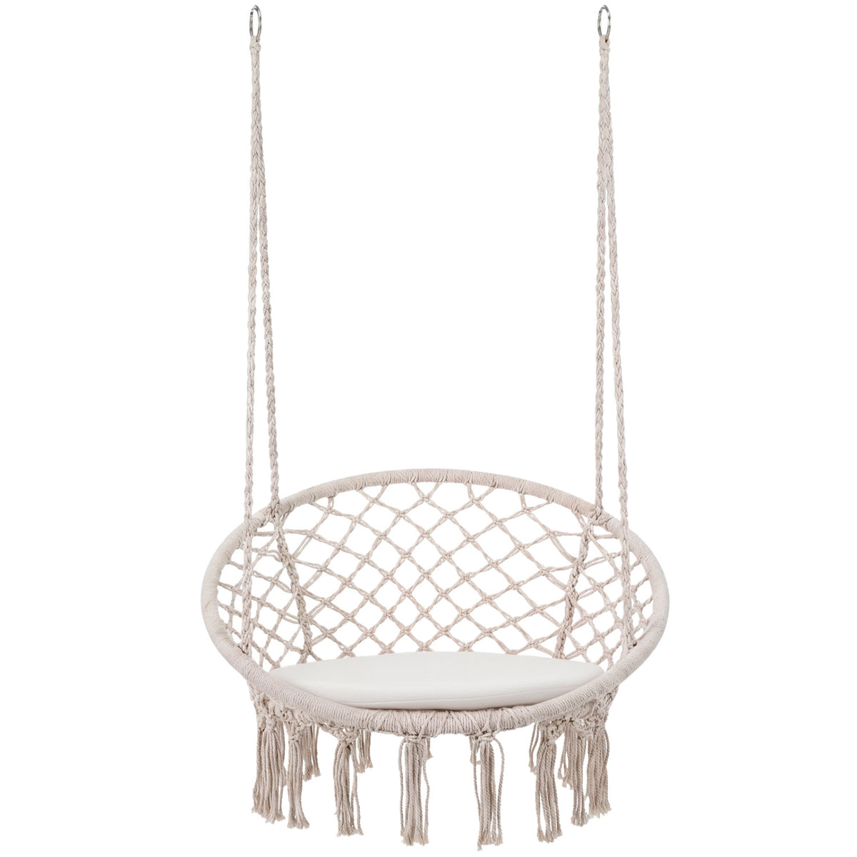 Macrame Swing Chair with Round Cushion and Metal Frame