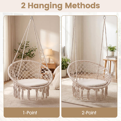 Macrame Swing Chair with Round Cushion and Metal Frame