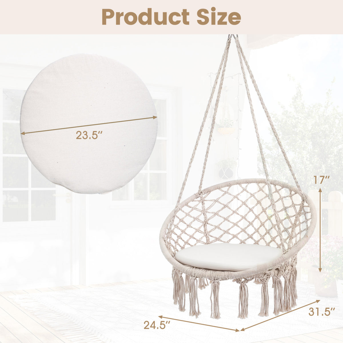 Macrame Swing Chair with Round Cushion and Metal Frame