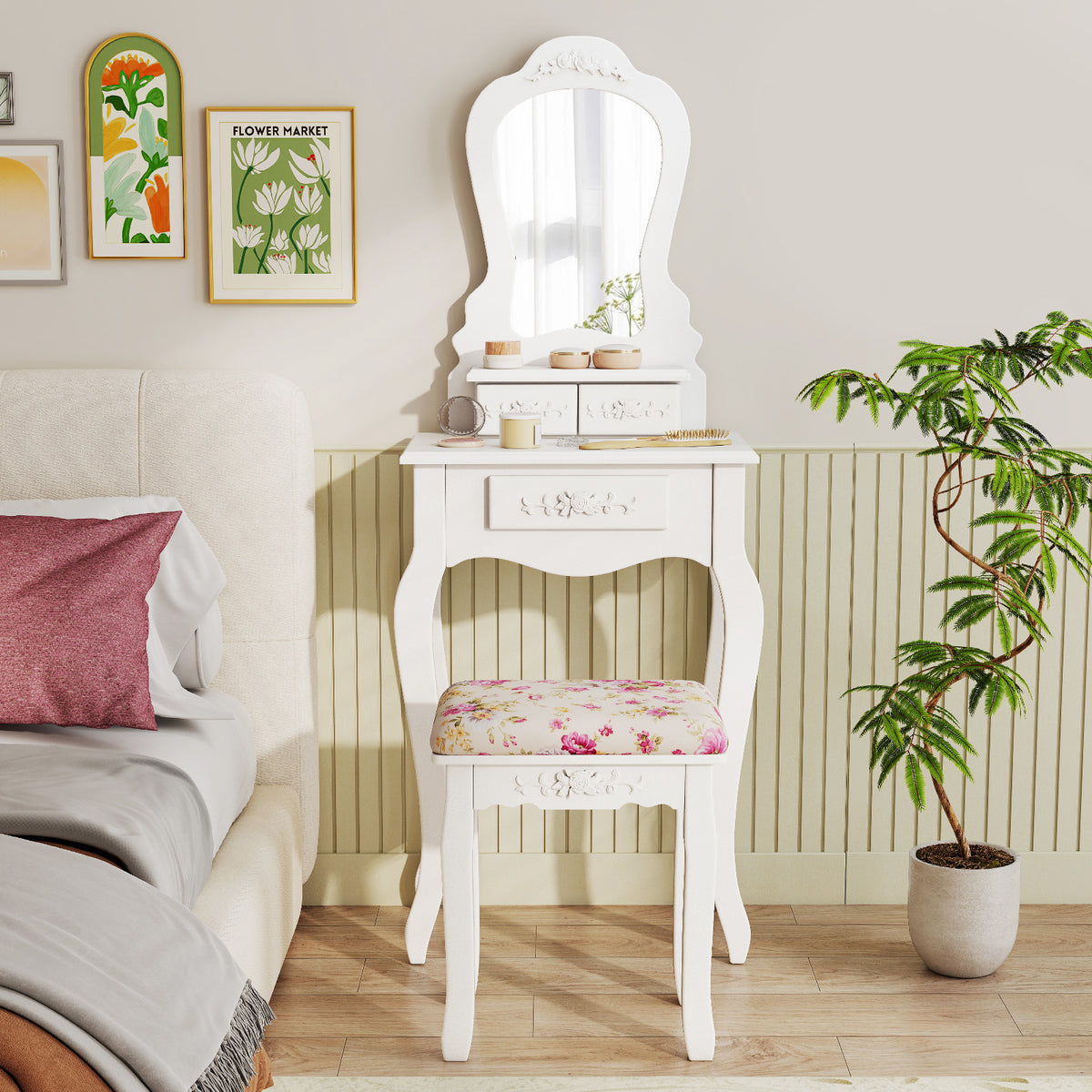 Makeup Vanity Table with Mirror, 3 Drawers & Cushioned Stool