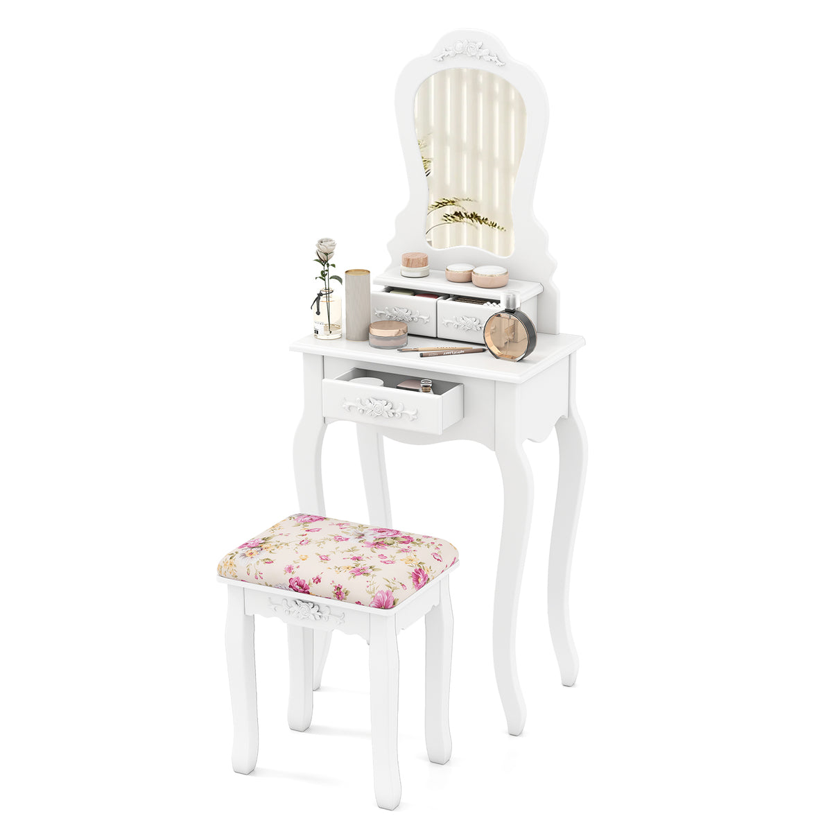 Makeup Vanity Table with Mirror, 3 Drawers & Cushioned Stool