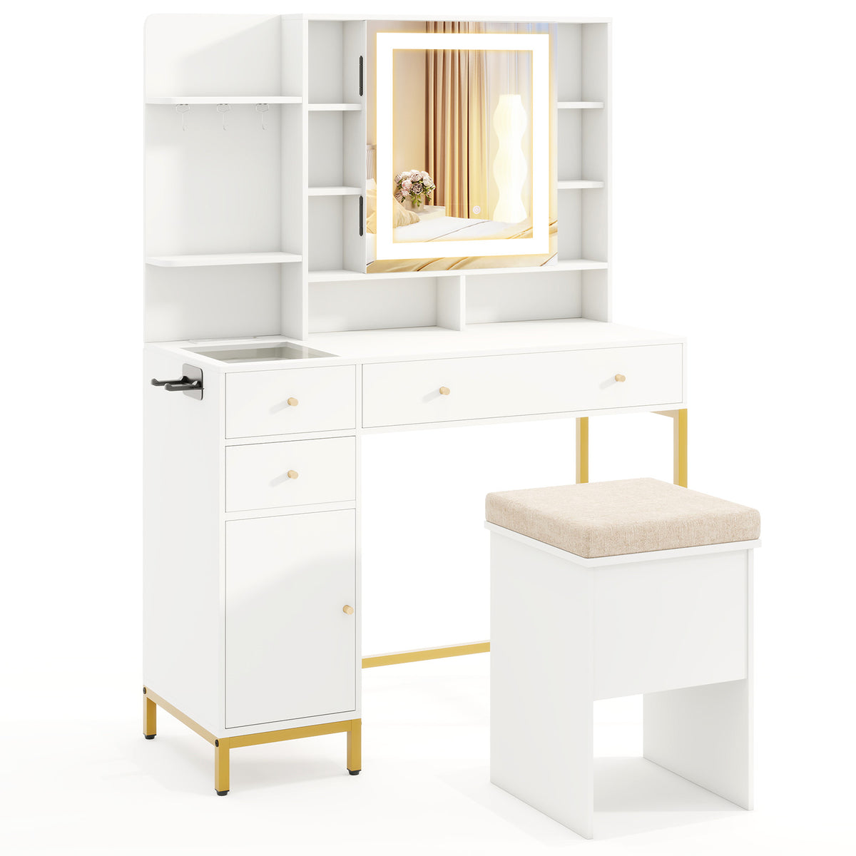 Makeup Vanity Table with Lighted Mirror and Stool Set