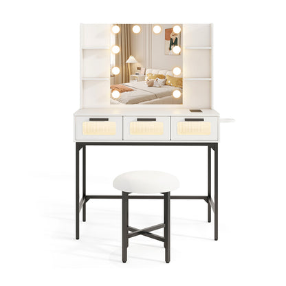Makeup Vanity Desk with Hollywood Lighted Mirror & Stool
