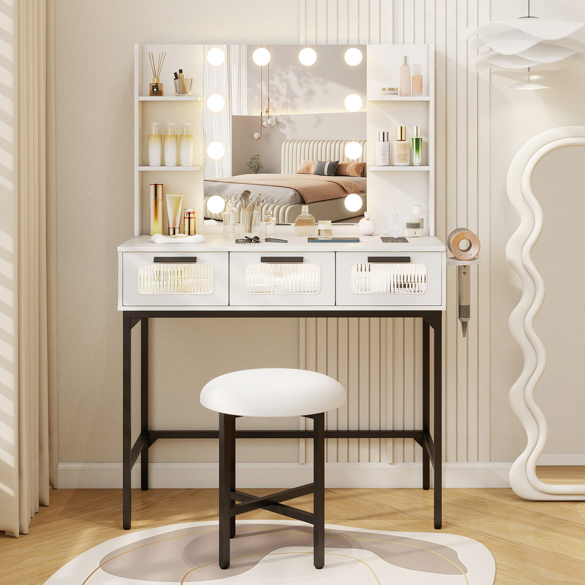 Makeup Vanity Desk with Hollywood Lighted Mirror & Stool