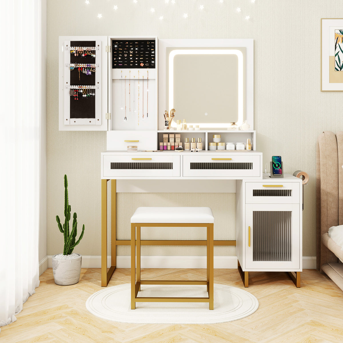 Makeup Vanity Desk with Lighted Mirror and Stool Set