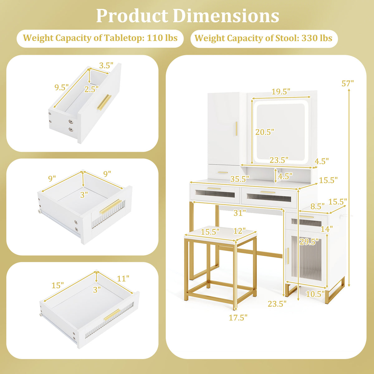 Makeup Vanity Desk with Lighted Mirror and Stool Set