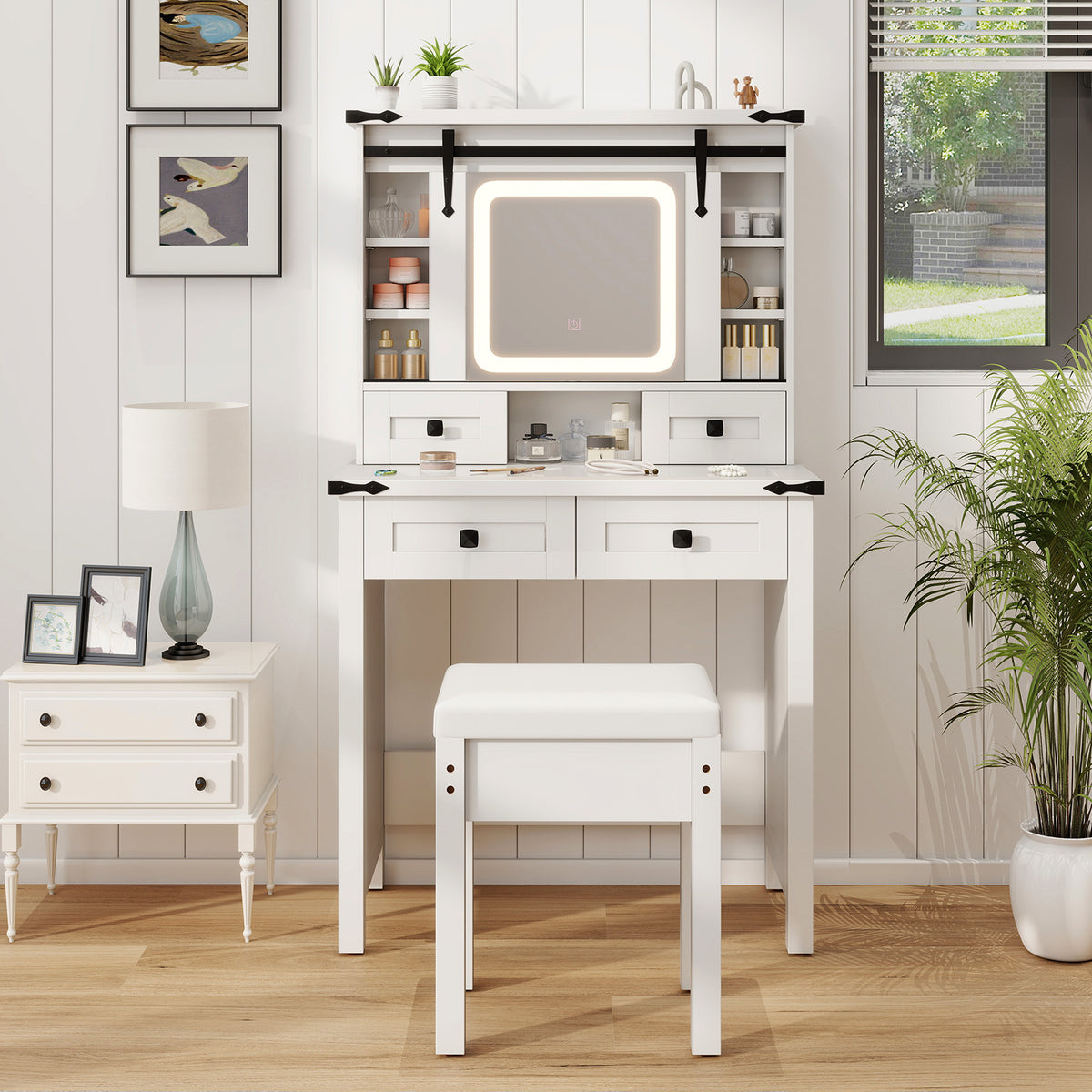 Makeup Vanity Desk with LED Mirror and Storage Shelves