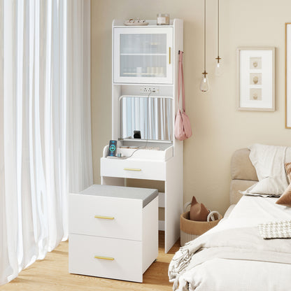 Makeup Vanity with Power Outlets, Flip-Top Mirror & Stool