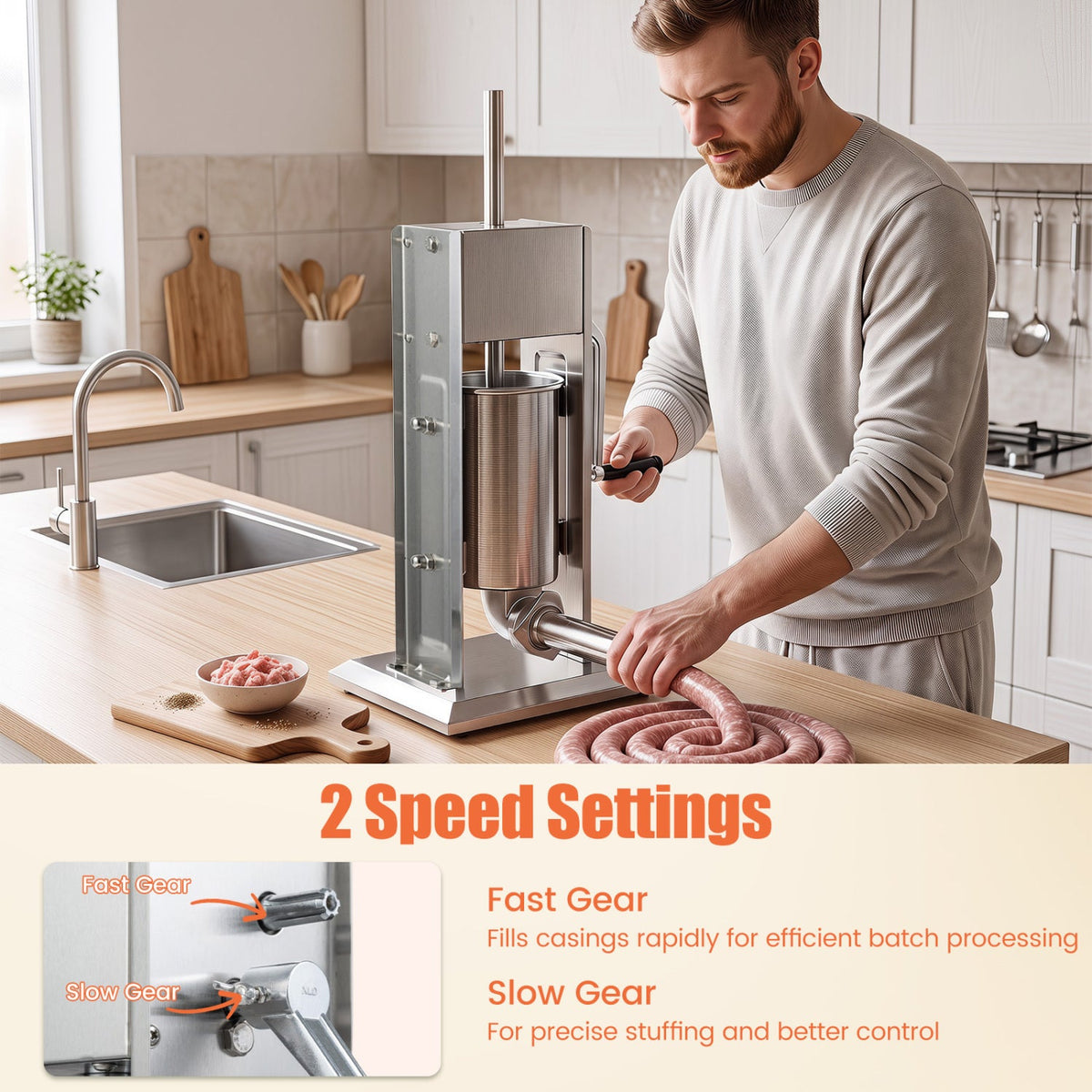 Manual Sausage Stuffer with 4 Tubes & 2 Speeds