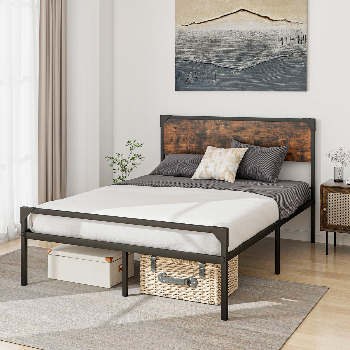Platform Full/Queen Bed with Rustic Headboard and Footboard