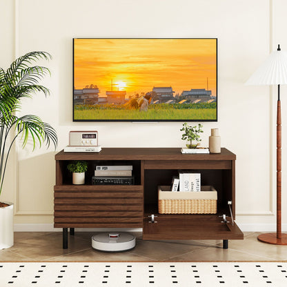 Mid Century Fluted TV Stand for 40 Inch TV Modern Entertainment Center with Open Compartment-Walnut