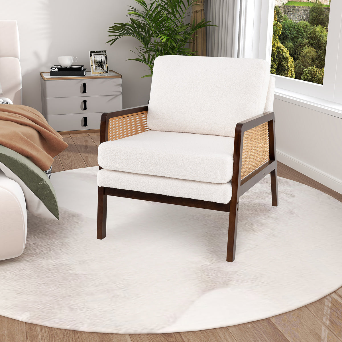 Mid Century Accent Chair with Rattan Arms and Cushion