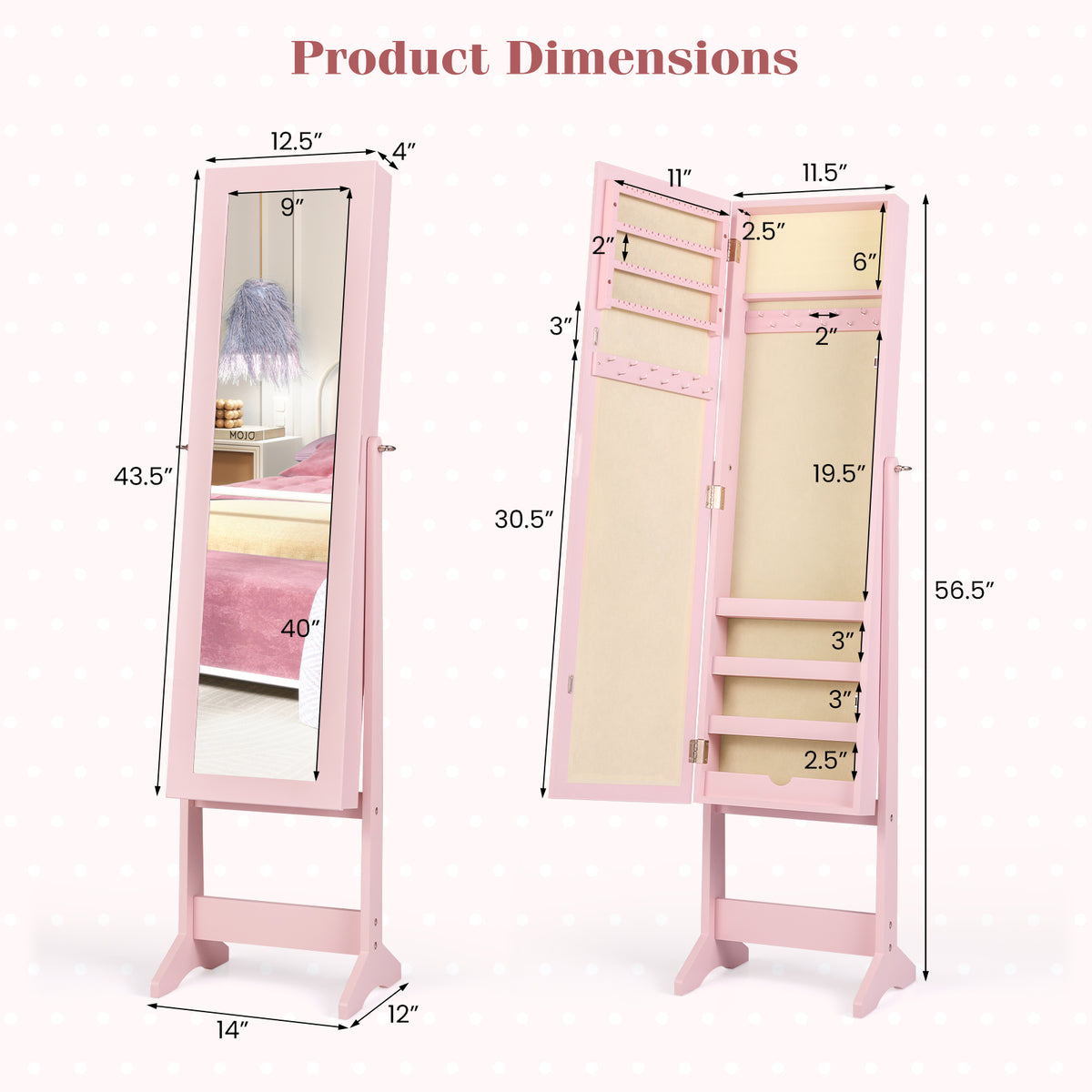 Standing Jewelry Cabinet with Mirror 56" Tall Storage Armoire