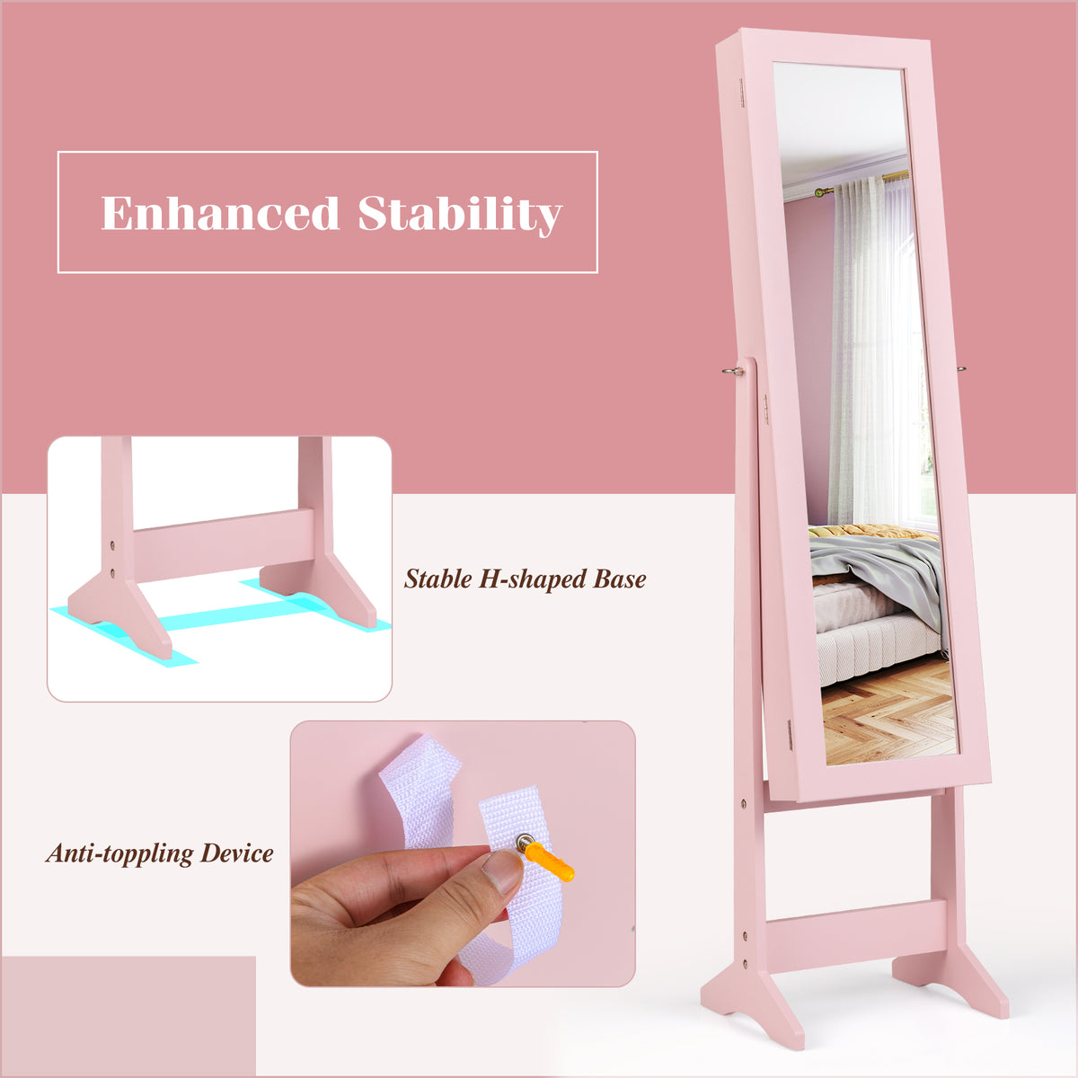 Standing Jewelry Cabinet with Mirror 56" Tall Storage Armoire