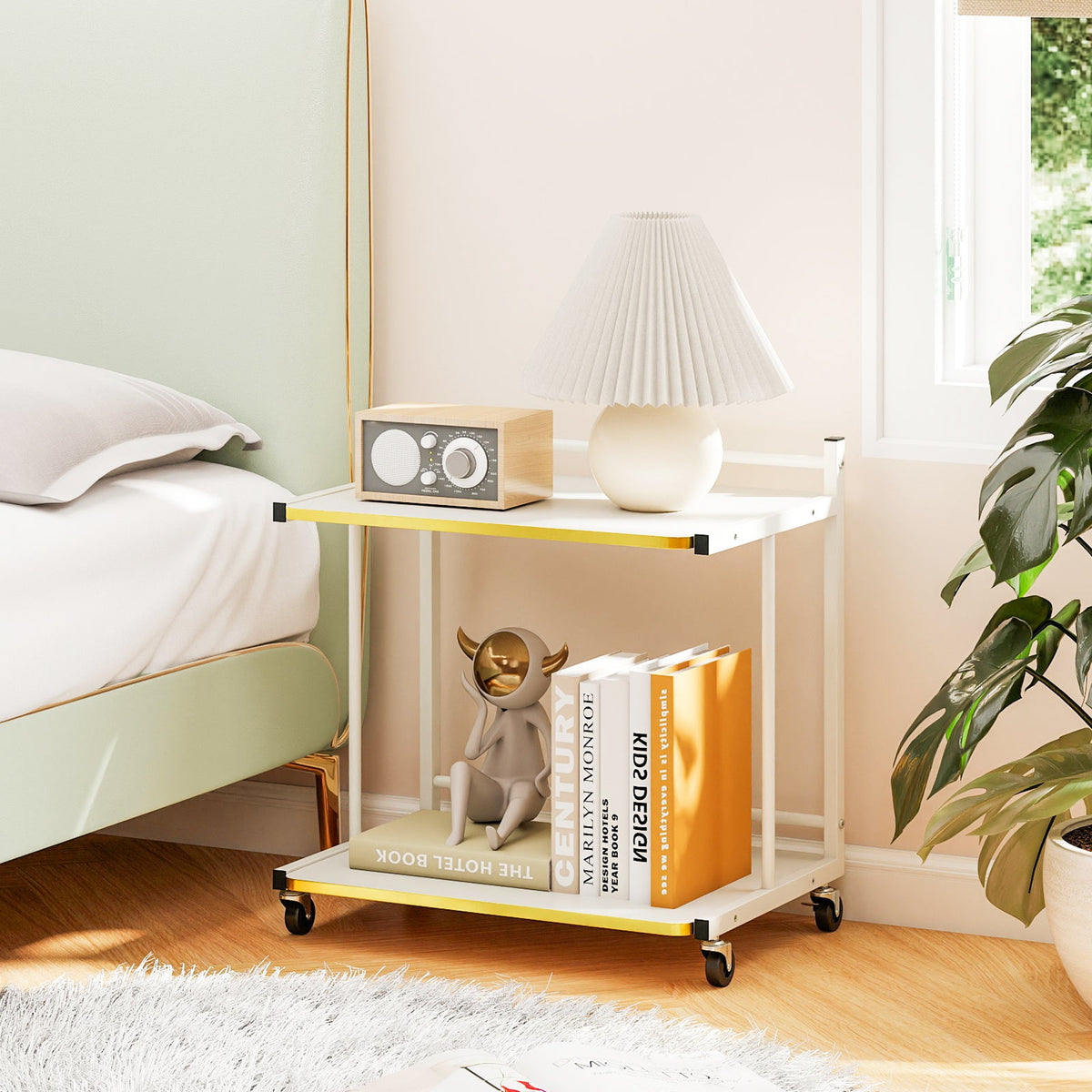Mobile Side Table 2-Tier Rolling End Table with Open Shelves & Golden Trimmed Edges-White