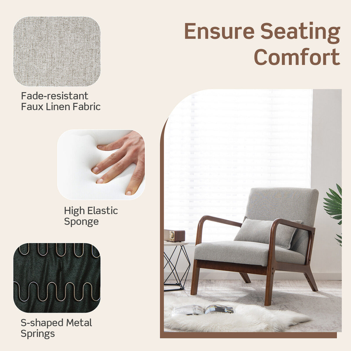 Accent Chair with Lumbar Pillow and Rubber Wood Frame