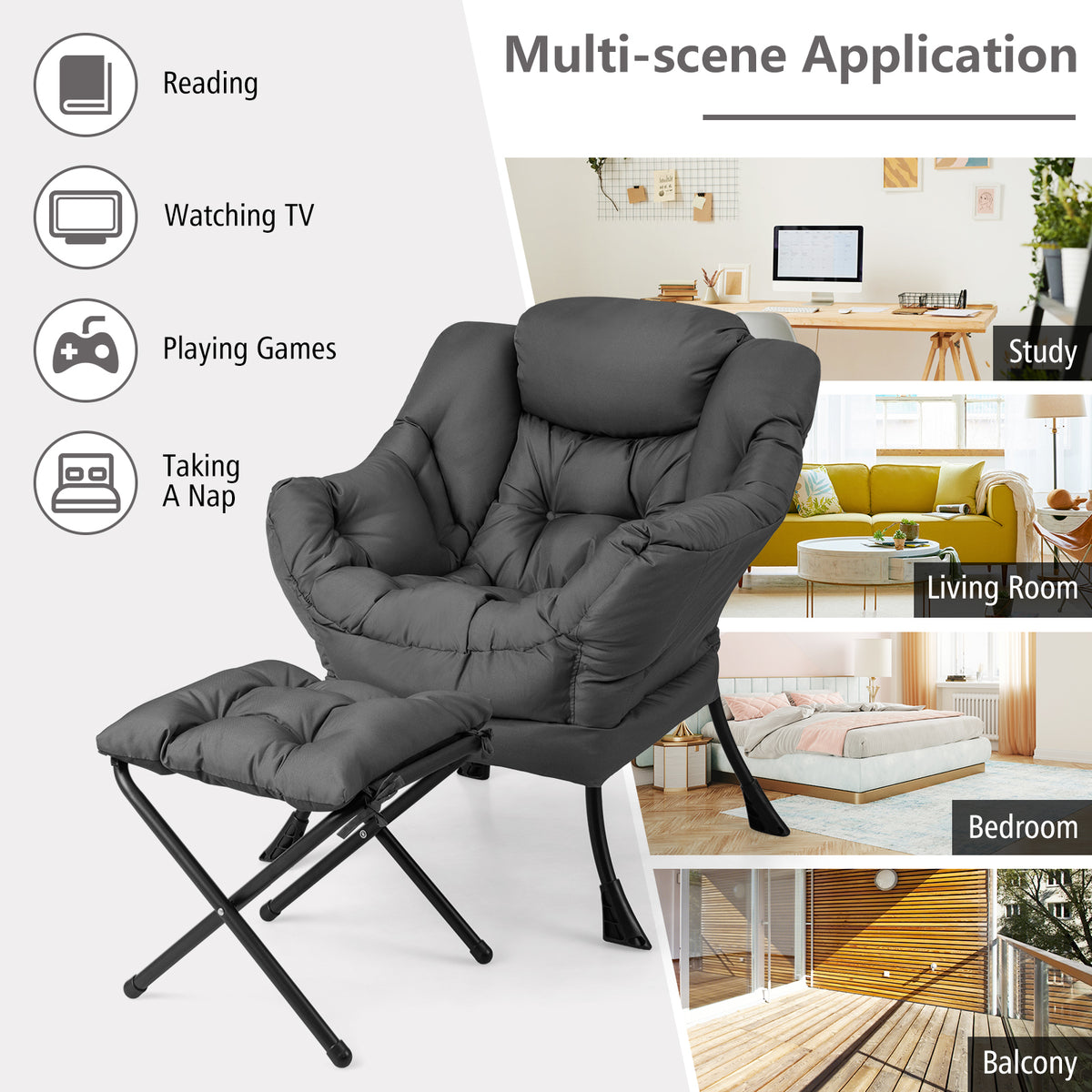 Accent Chair with Folding Footrest and Side Pocket