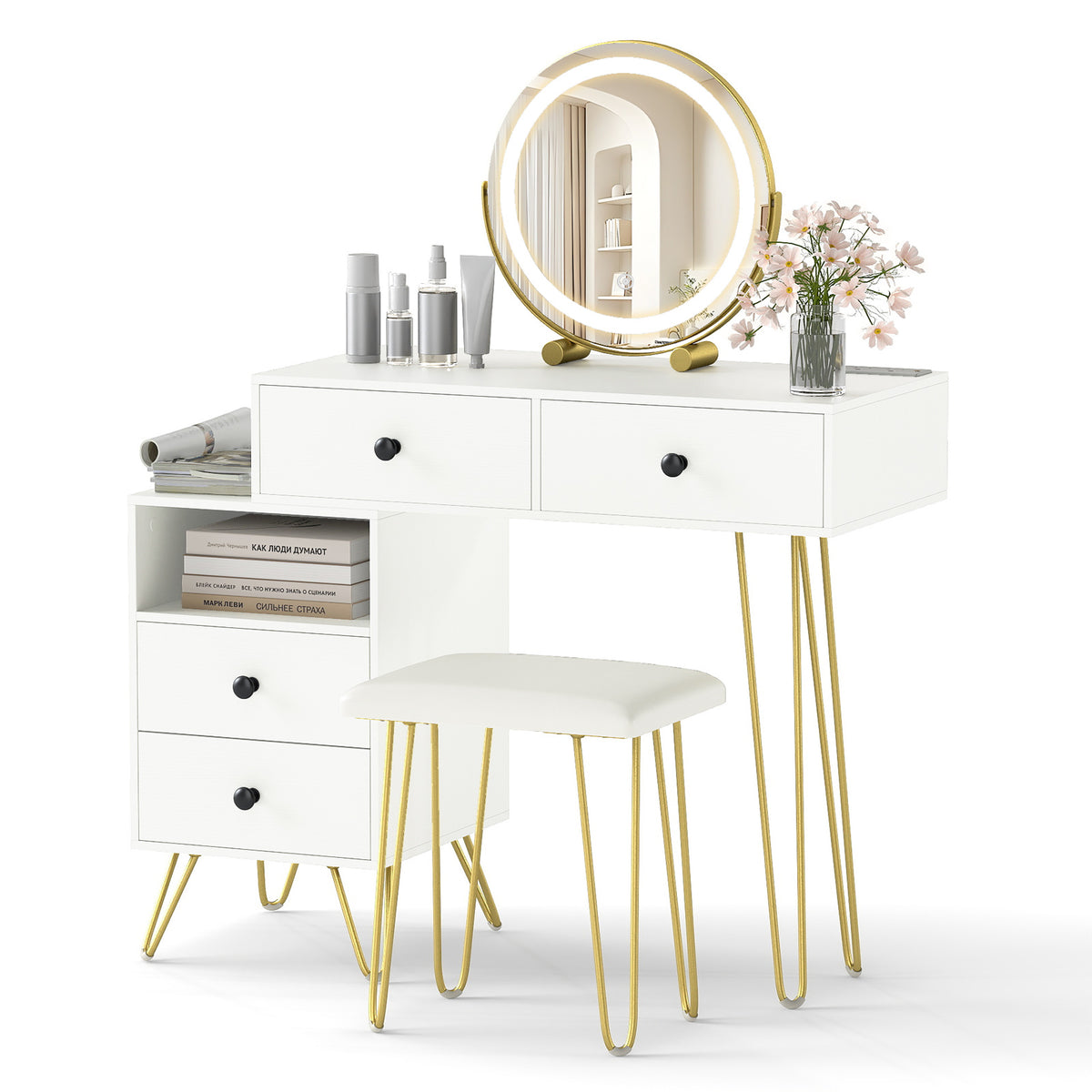 Vanity Table with LED Lighted Mirror and Storage Cabinet