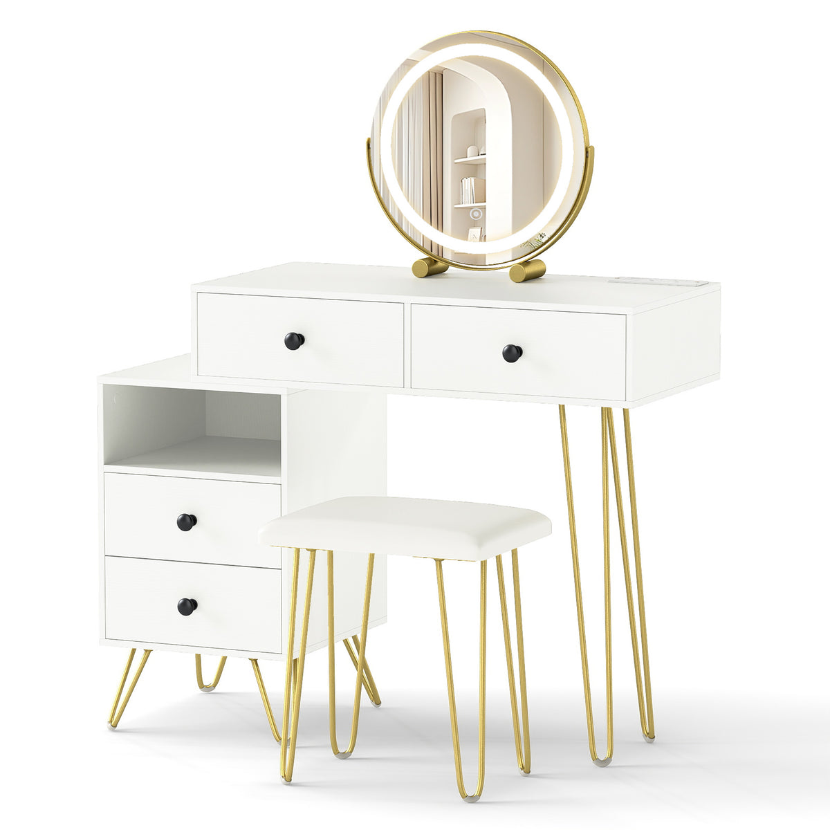 Vanity Table with LED Lighted Mirror and Storage Cabinet