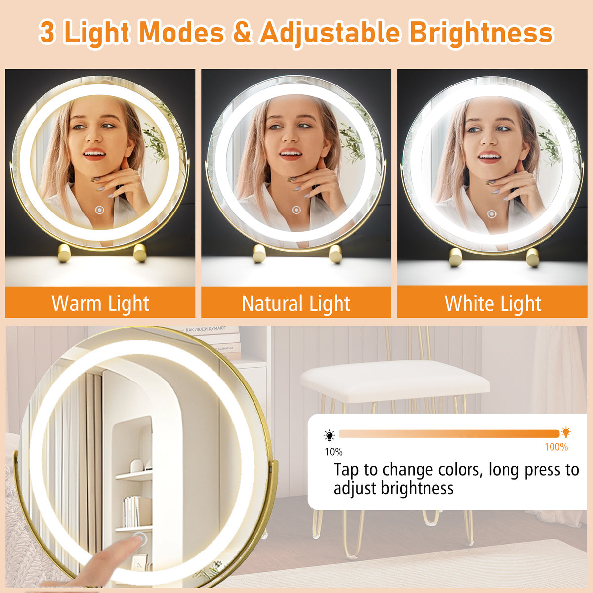 Vanity Table with LED Lighted Mirror and Storage Cabinet