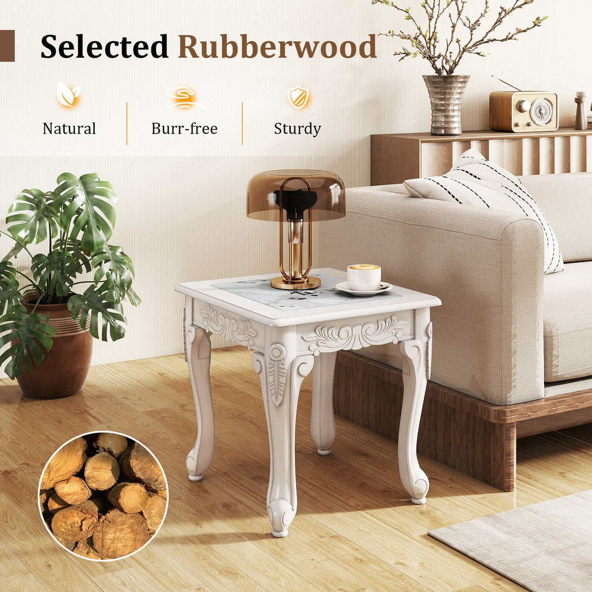Modern Glass Coffee Table with Clear Tempered Top and Rubber Wood Base