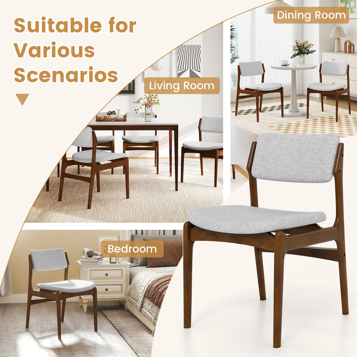 Padded Dining Chairs Set of 2 with Rubber Wood Legs