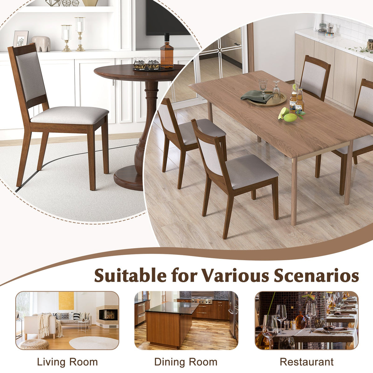 Modern Dining Upholstered Kitchen Chair Set of 2 with Padded Backrest-Brown