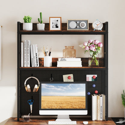 Multipurpose 2-Tier Desktop Bookshelf with Pegboard for up to 32 Inch Computer Monitor-Rustic Brown