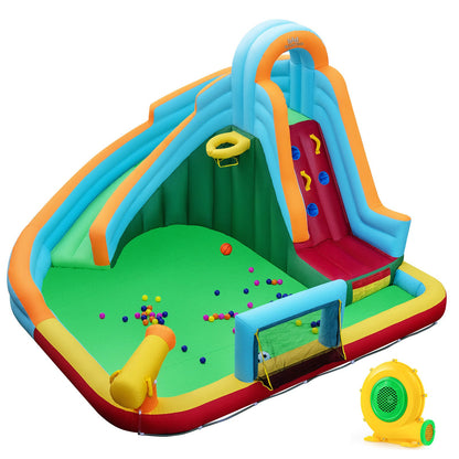 Inflatable Water Slide Park 6-in-1 Giant Bounce House with Long Slide Splash Pool Climbing Wall