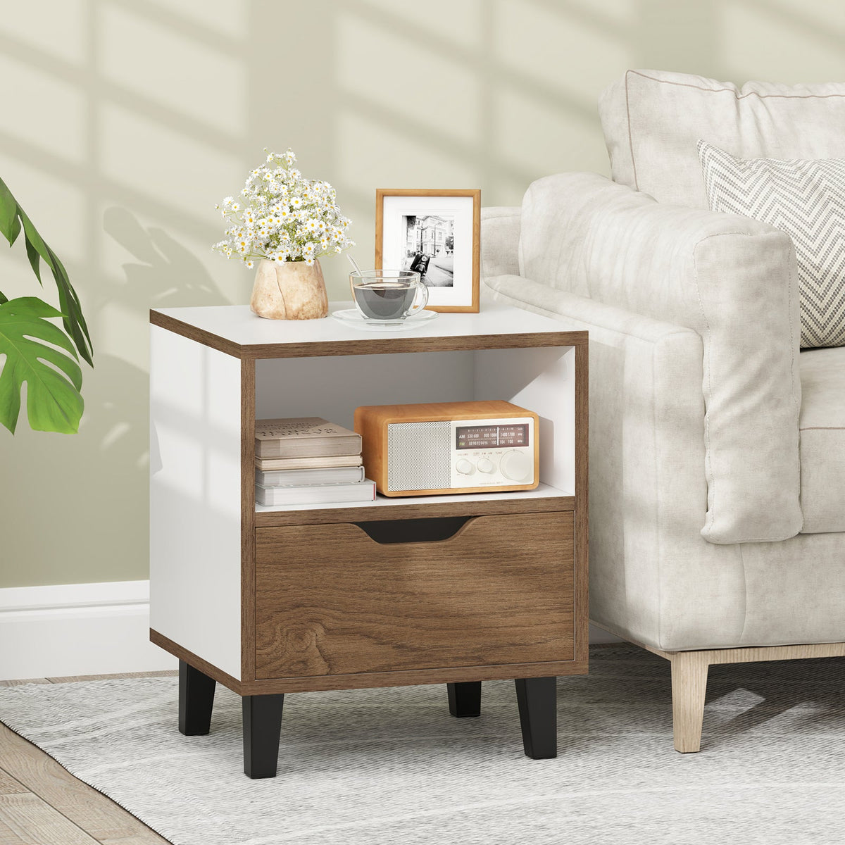 Nightstand with Drawer and Open Storage Shelf for Bedroom-White