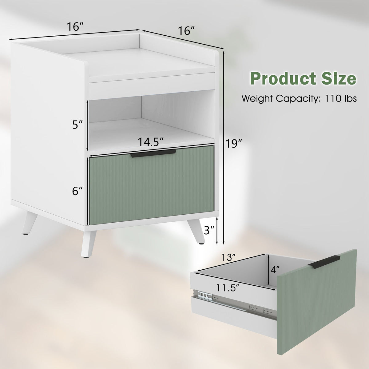 Modern Nightstand with LED Lights Sliding Drawer and Open Compartment-White