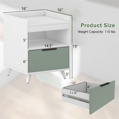 Modern Nightstand with LED Lights Sliding Drawer and Open Compartment-White
