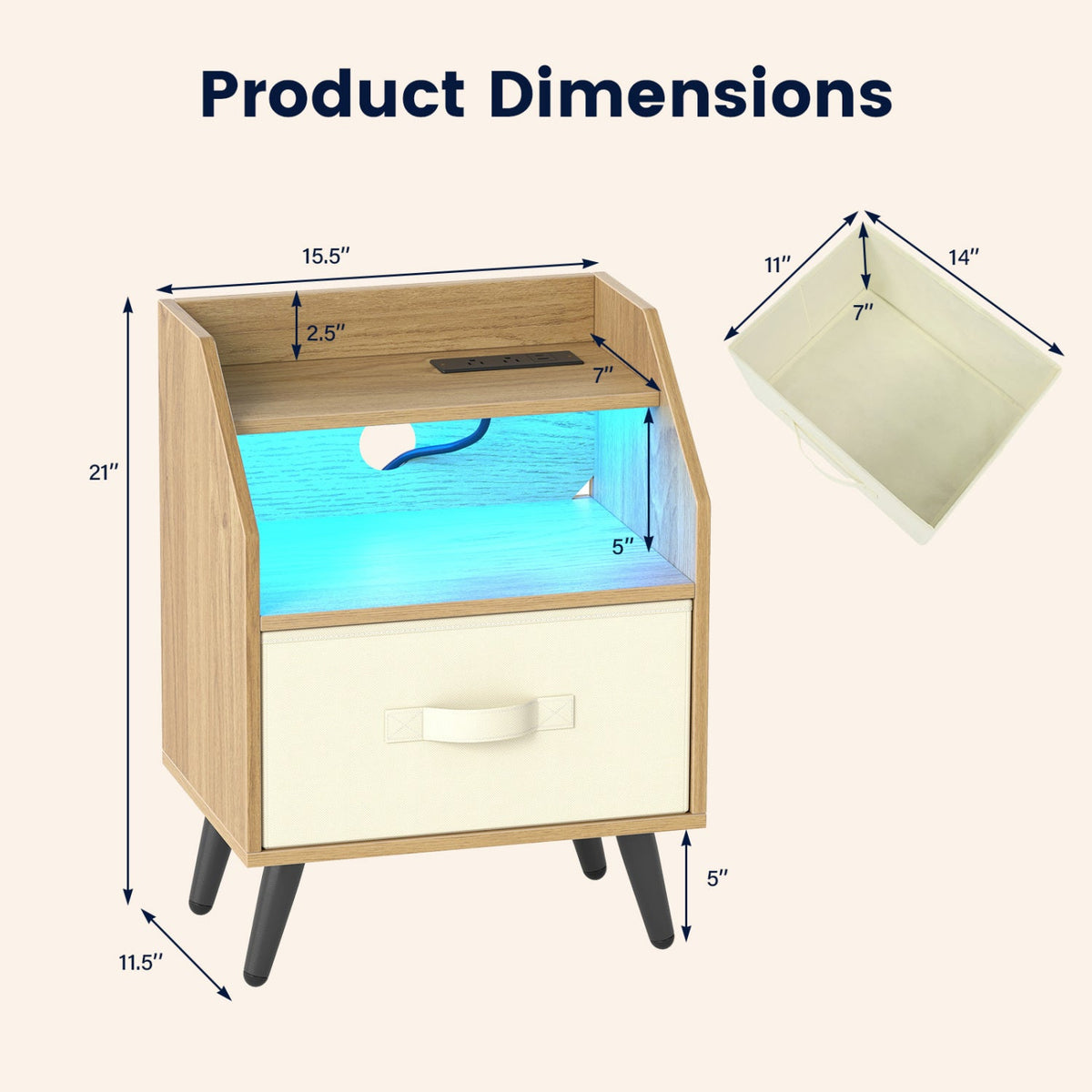 Nightstand with Power Outlets and LED Lighting