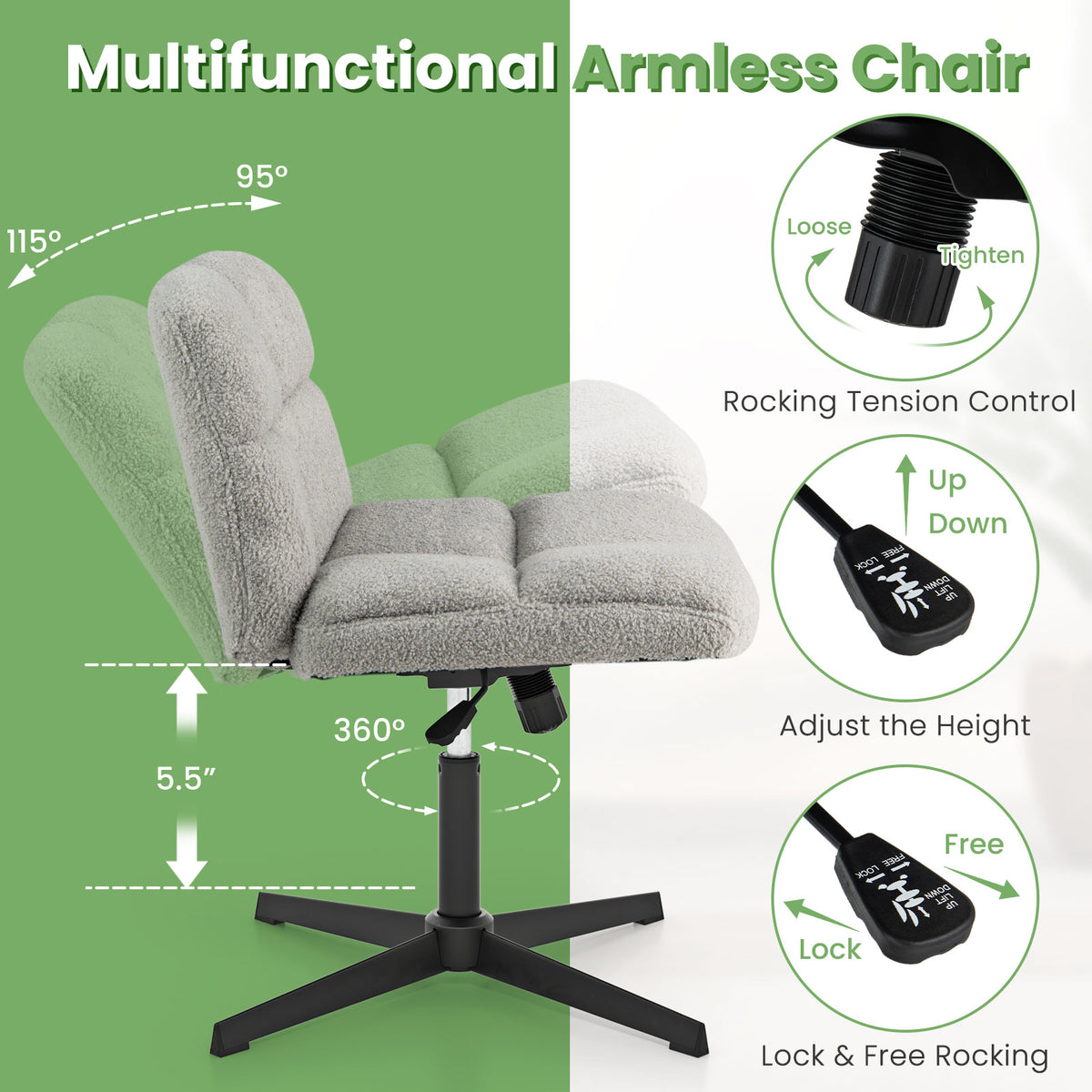 Armless Office Chair with Lamb Fleece & Adjustable Height