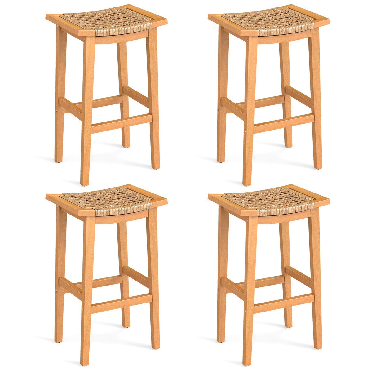 Outdoor Acacia Wood Bar Stools Set of 2 with PE Rattan Seats and Backrests