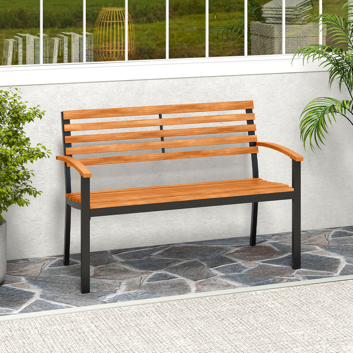 Acacia Wood Outdoor Bench with Backrest and Armrests