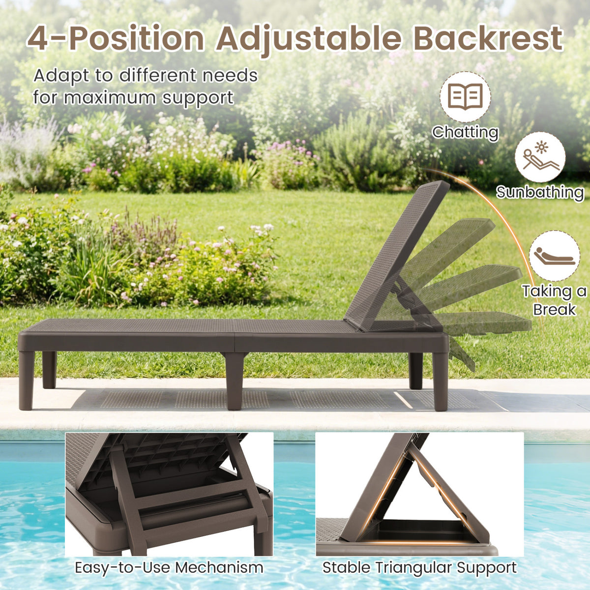 Outdoor Chaise Lounge Chair with 4-Position Adjustable Backrest