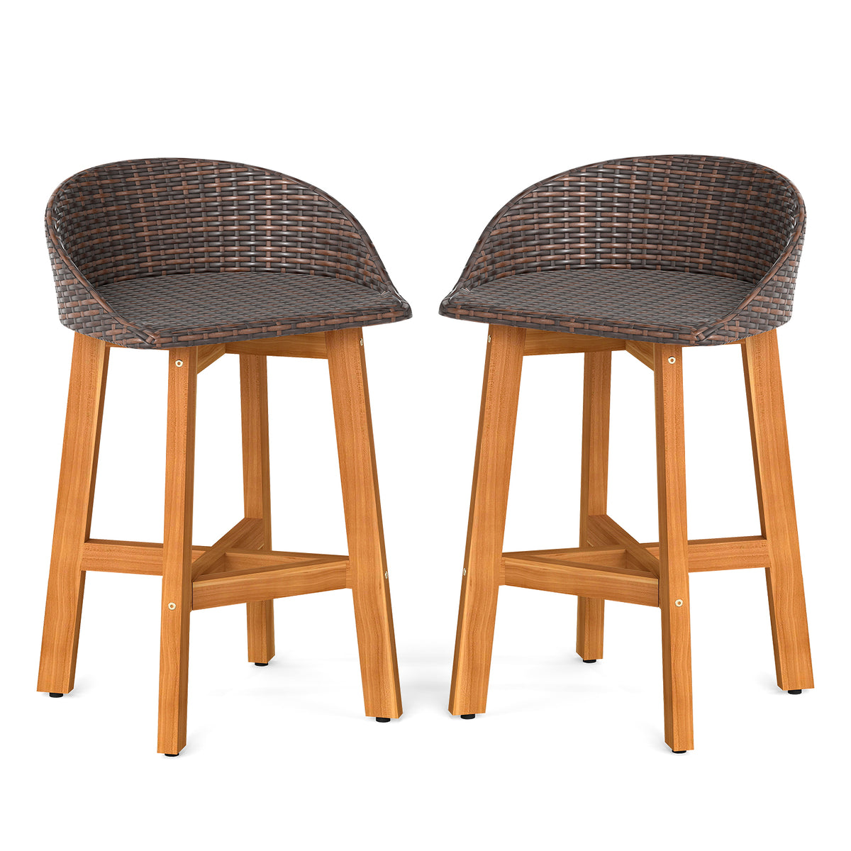 Faux Rattan Bar Chairs Set of 2 with Acacia Wood Frame