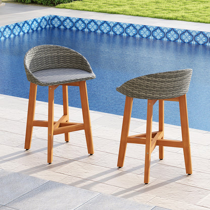 Faux Rattan Bar Chairs Set of 2 with Acacia Wood Frame