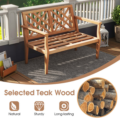 2-Person Teak Wood Garden Bench with Armrests and Backrest