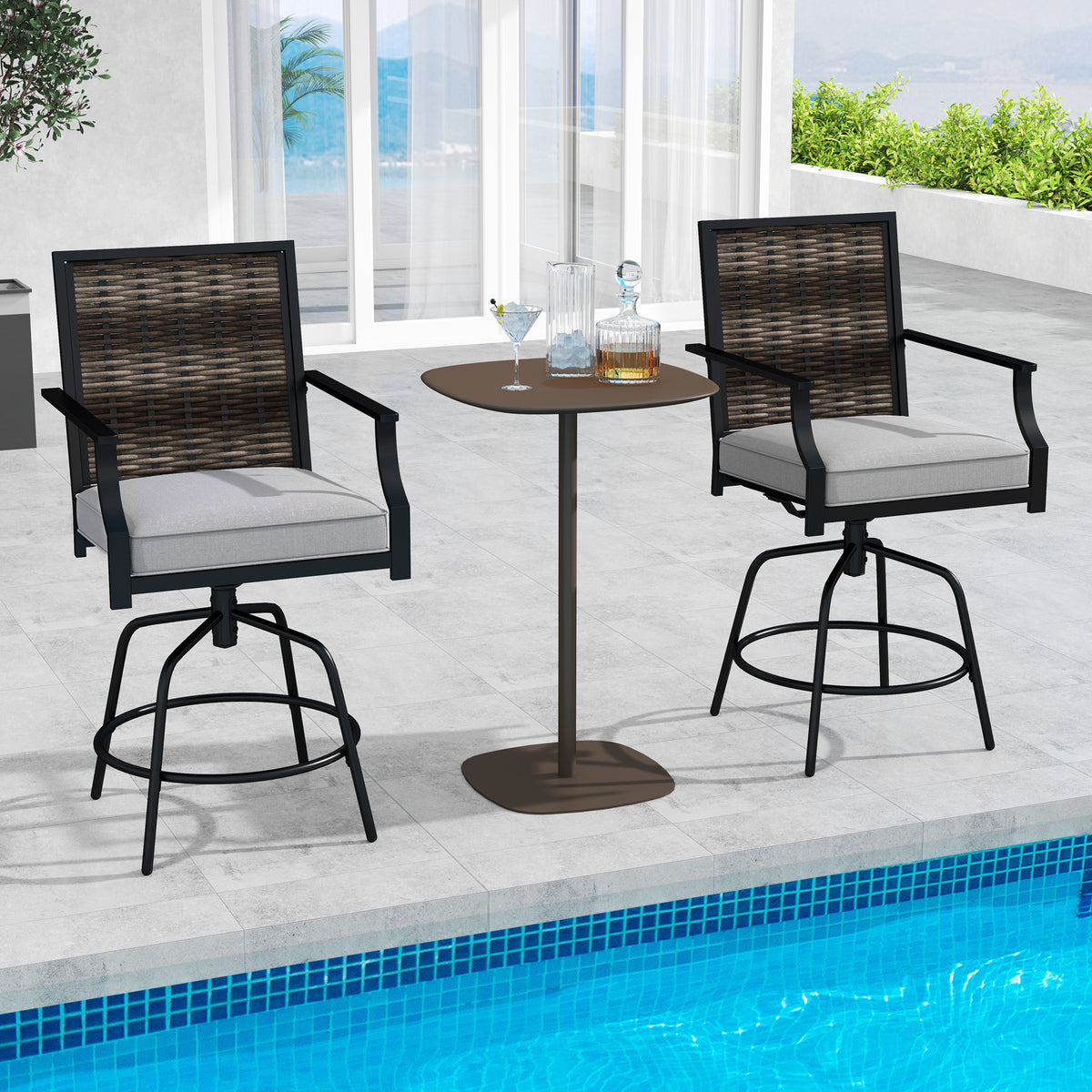 Swivel Bar Stools Set of 2 with Cushions - Outdoor Wicker