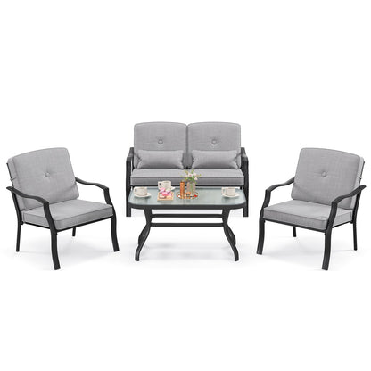 4 Pieces Outdoor Conversation Set with Seat Back Cushions and Waist Pillows