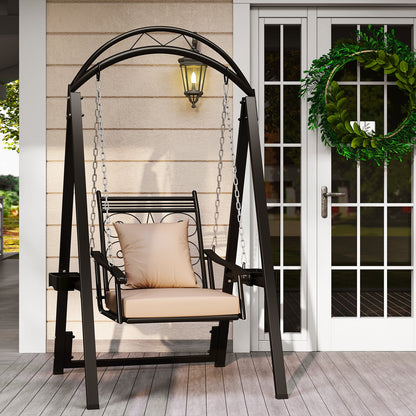 Outdoor Porch Swing with Removable Cushions and Side Tables for Garden Balcony-Black
