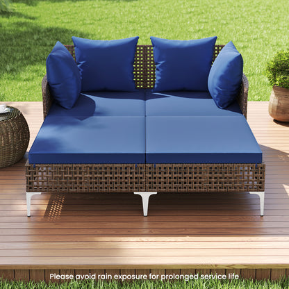 Double Chaise Lounge Daybed with Cushions - Wicker Rattan