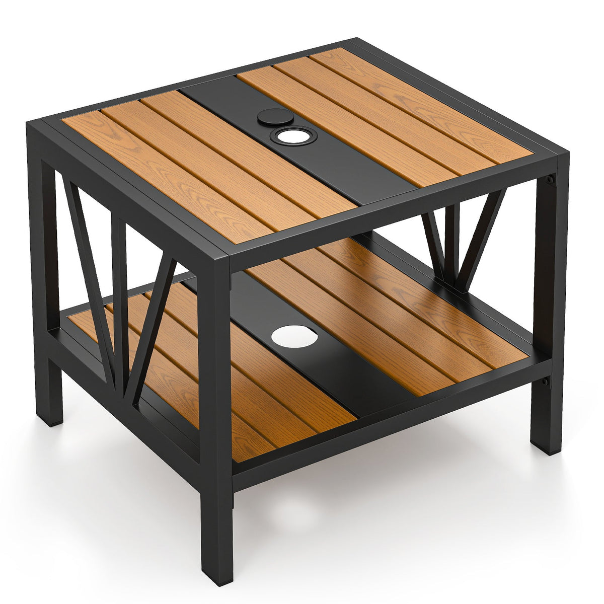 Outdoor Side Table with Umbrella Hole and Storage Shelf for Porch