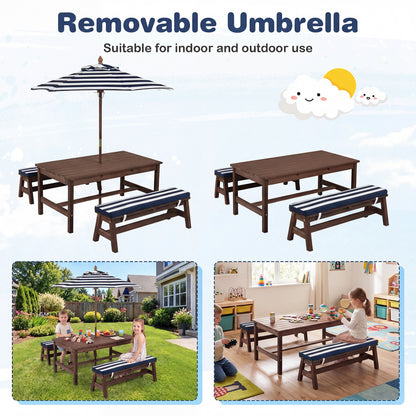Kids Picnic Table with Umbrella and Cushions - Outdoor Wood