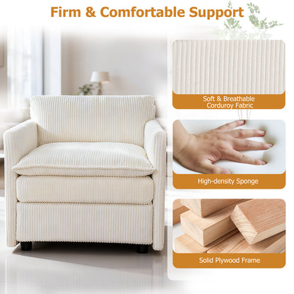 Oversized Accent Chair with Ottoman in Beige Corduroy