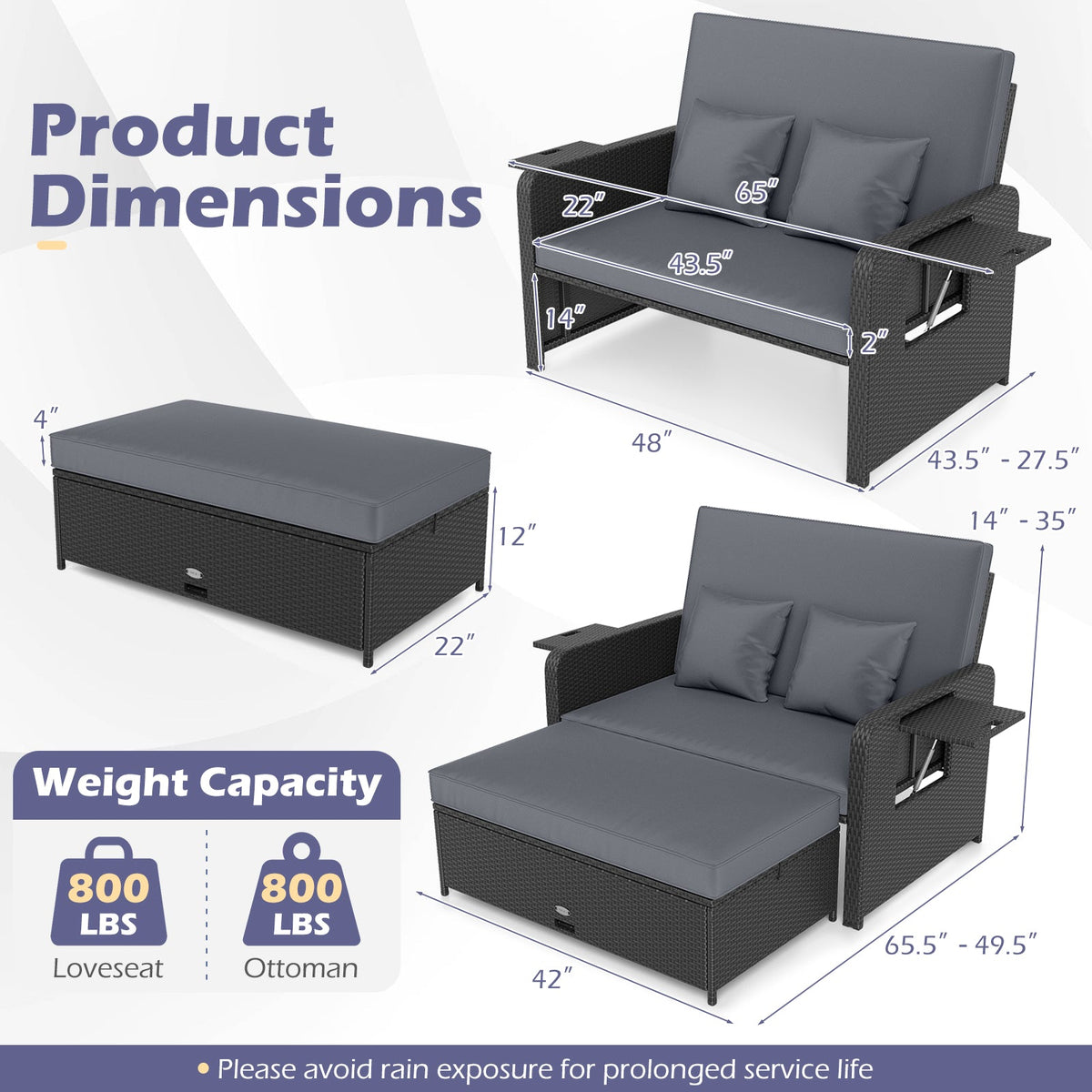 PE Wicker Outdoor Daybed with 4-Level Adjustable Backrest and Storage Ottoman
