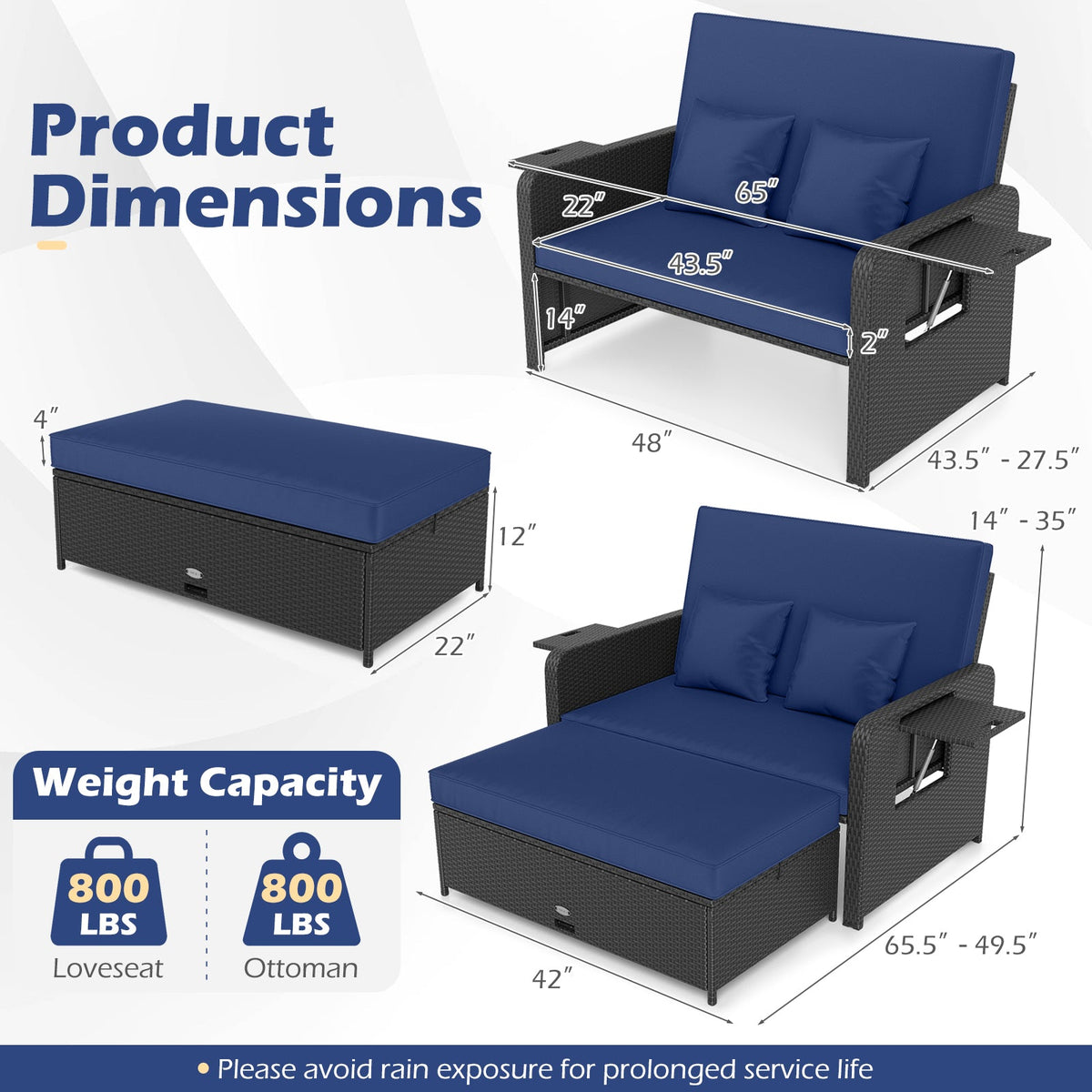 PE Wicker Outdoor Daybed with 4-Level Adjustable Backrest and Storage Ottoman