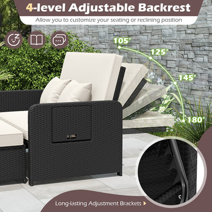 PE Wicker Outdoor Daybed with 4-Level Adjustable Backrest and Storage Ottoman
